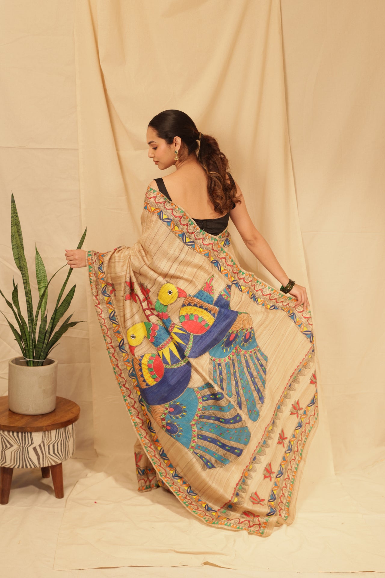 Handloom Tussar Silk Madhubani Hand Painted Saree