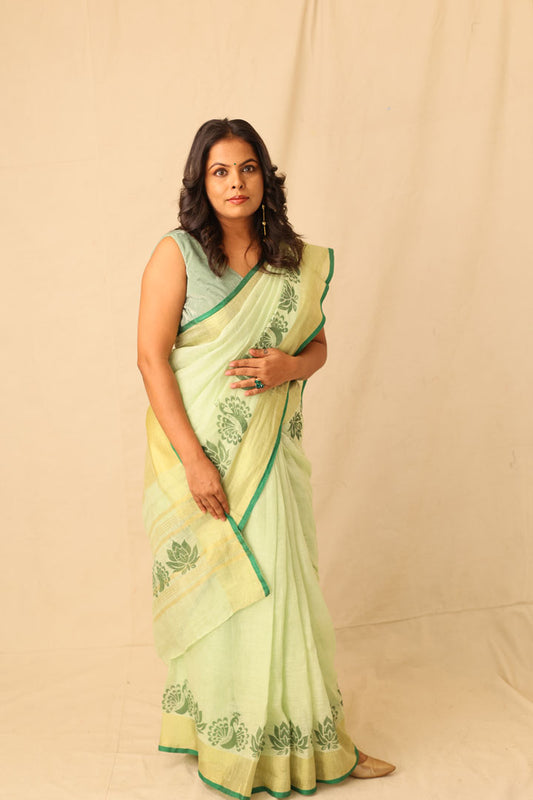 Bright Lime Color Hand-Stencil Printed Linen Saree