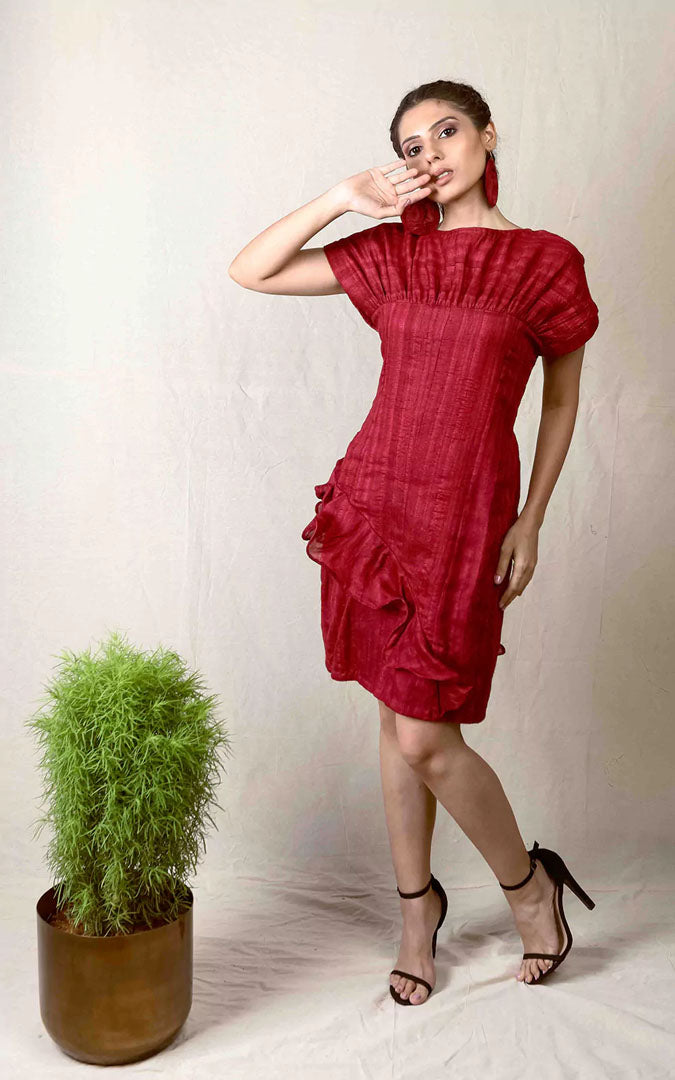 Tussar Silk Fitted Cascade Dress