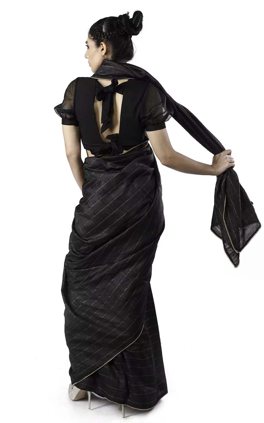 Black Tussar Silk Handloom Saree With zari stripes Design