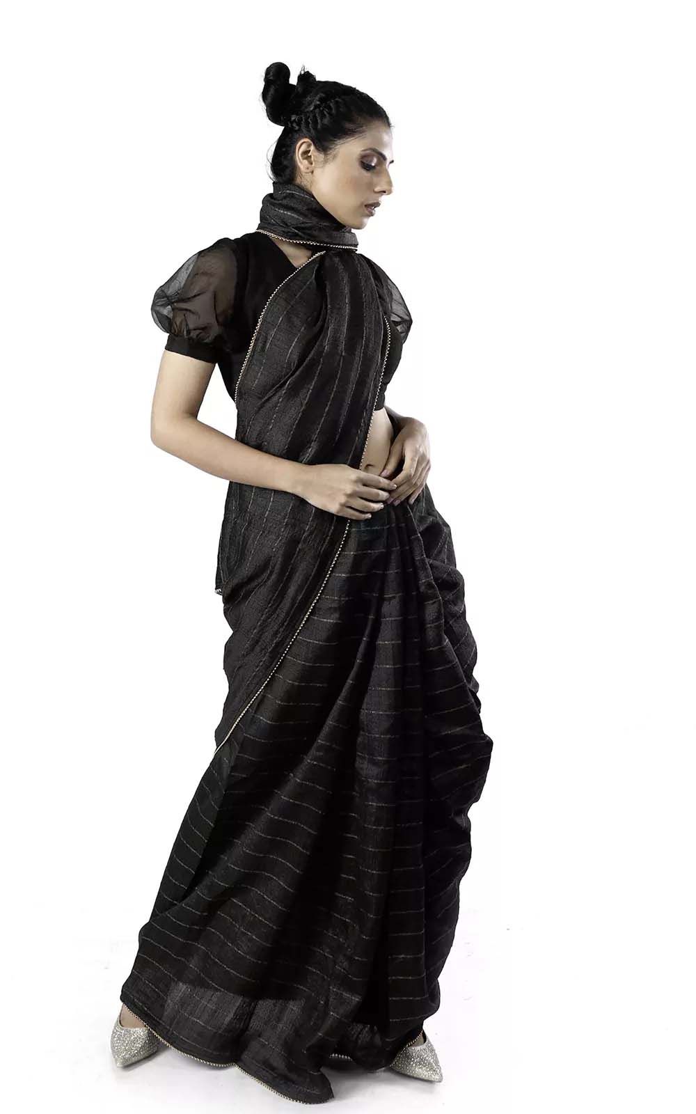 Black Tussar Silk Handloom Saree With zari stripes Design