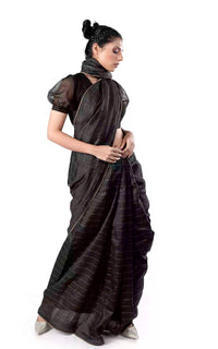 Thumbnail for Black Tussar Silk Handloom Saree With zari stripes Design