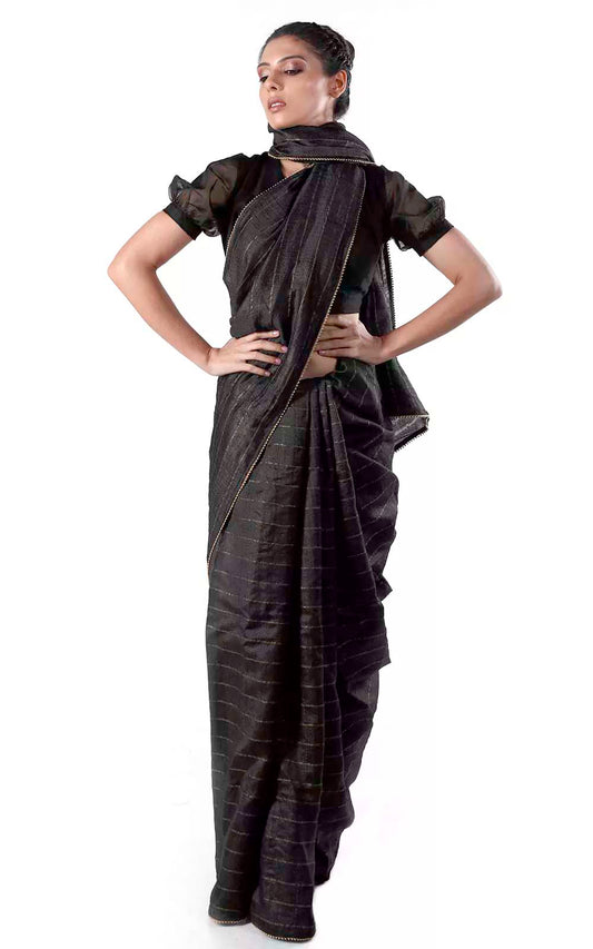 Black Tussar Silk Handloom Saree With zari stripes Design