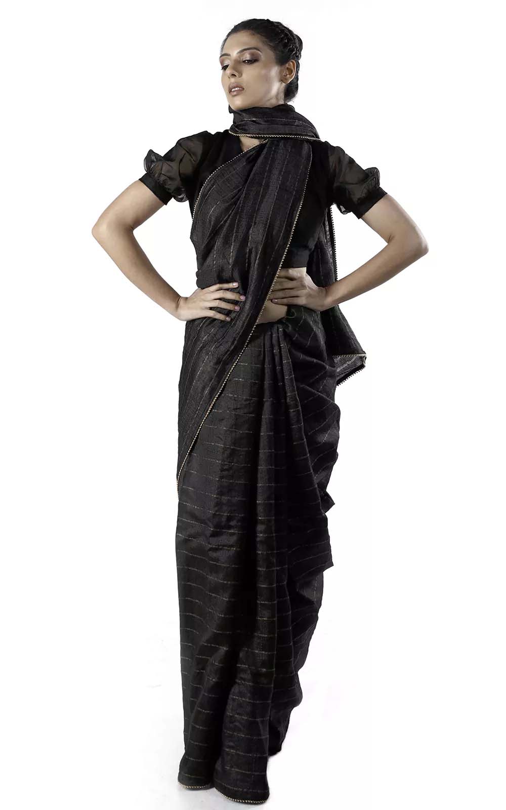 Black Tussar Silk Handloom Saree With zari stripes Design