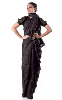 Thumbnail for Black Tussar Silk Handloom Saree With zari stripes Design