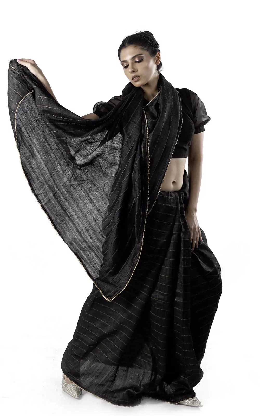 Black Tussar Silk Handloom Saree With zari stripes Design