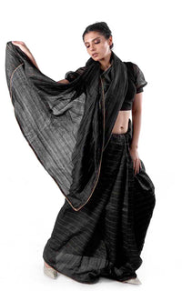 Thumbnail for Black Tussar Silk Handloom Saree With zari stripes Design