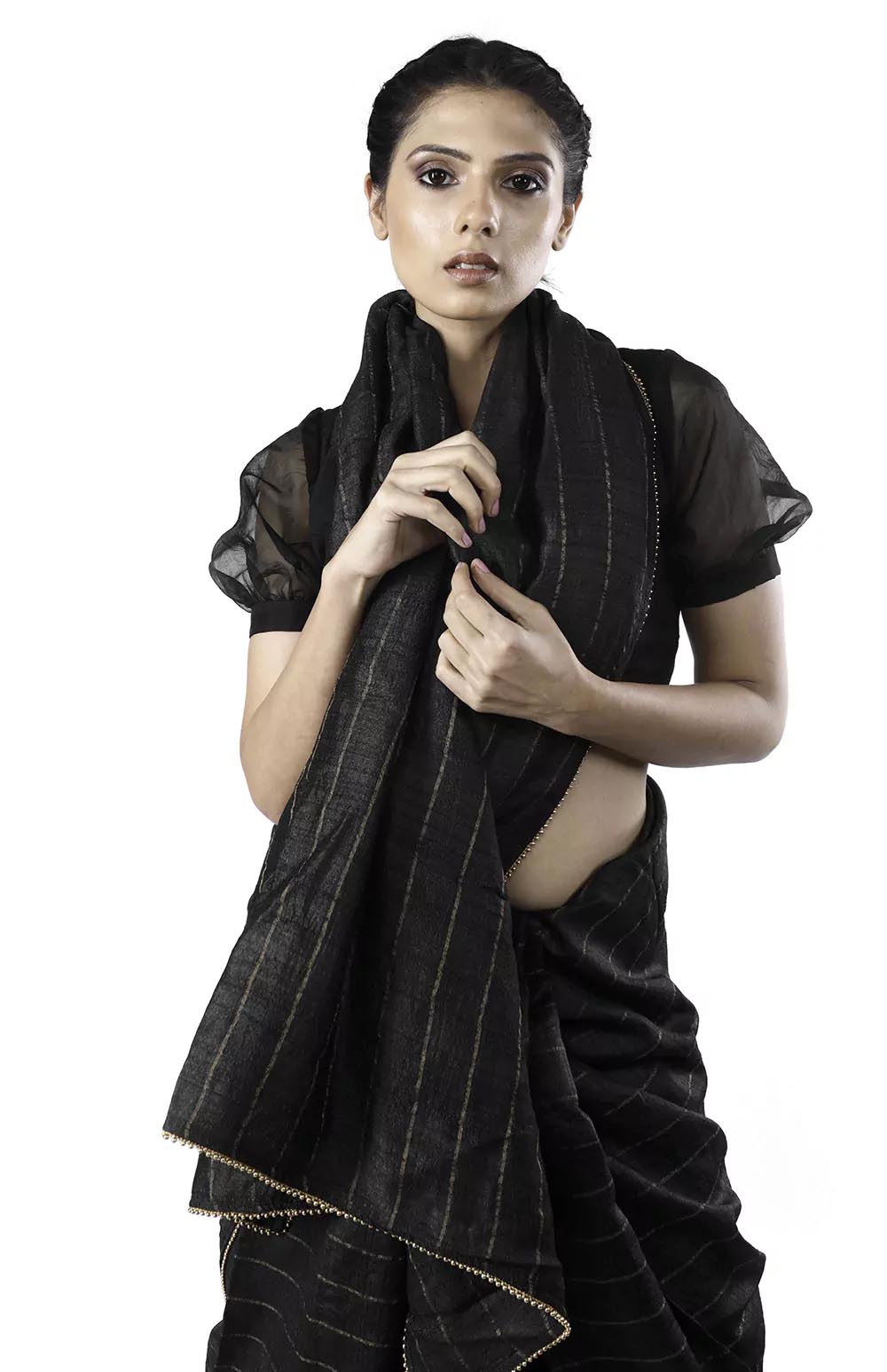 Black Tussar Silk Handloom Saree With zari stripes Design