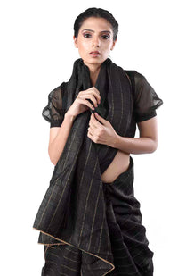 Thumbnail for Black Tussar Silk Handloom Saree With zari stripes Design
