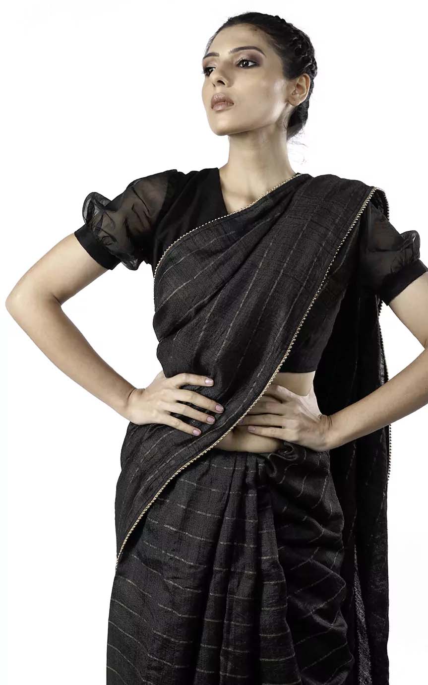 Black Tussar Silk Handloom Saree With zari stripes Design