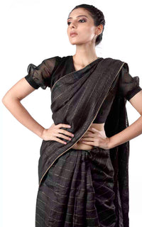 Thumbnail for Black Tussar Silk Handloom Saree With zari stripes Design