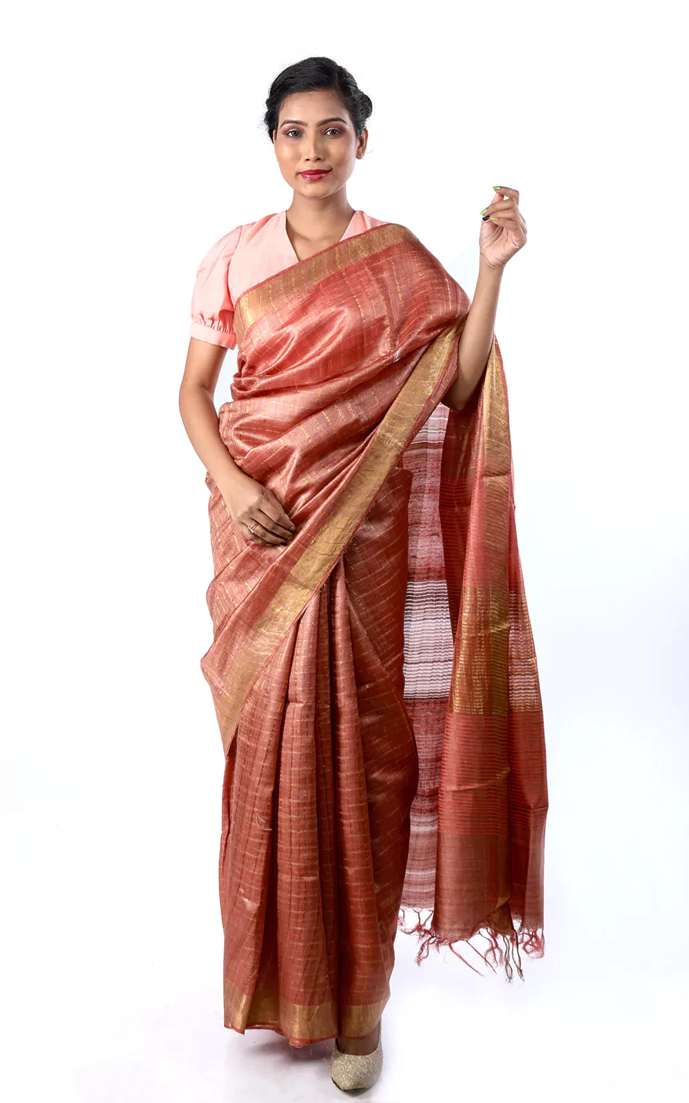 Handloom Tussar Silk Saree With Zari Checks