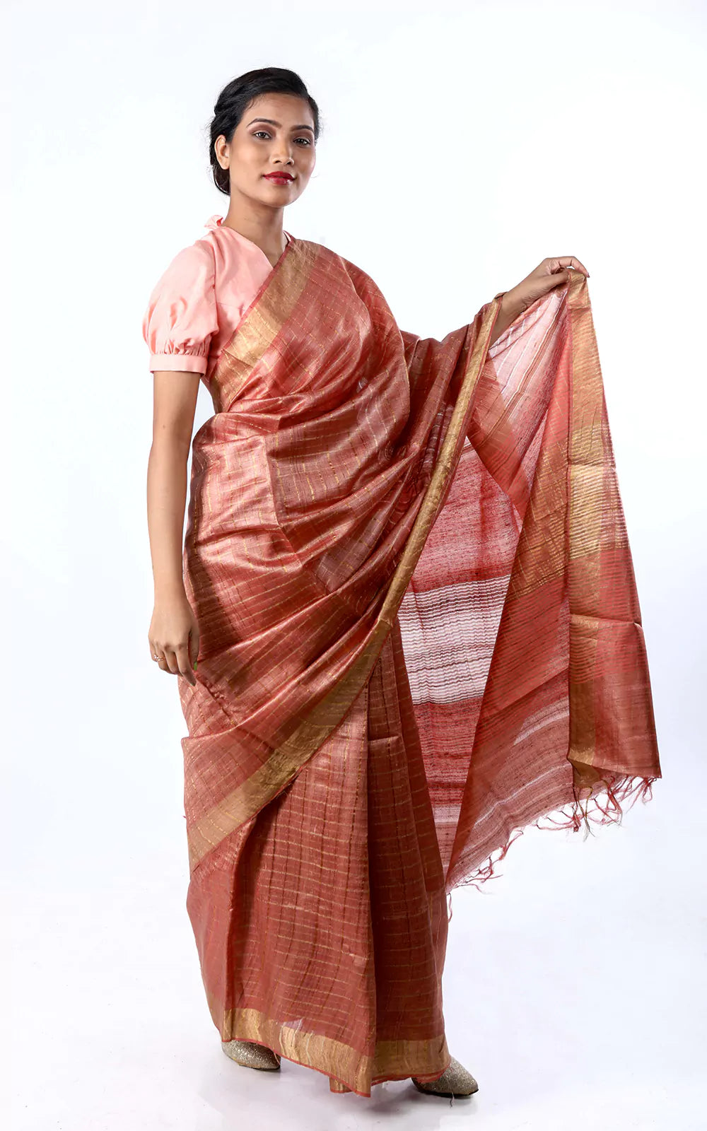 Handloom Tussar Silk Saree With Zari Checks