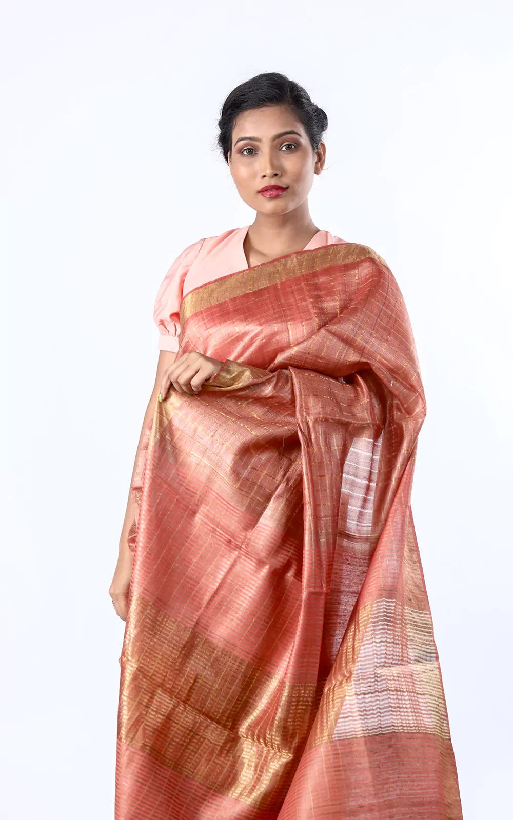 Handloom Tussar Silk Saree With Zari Checks