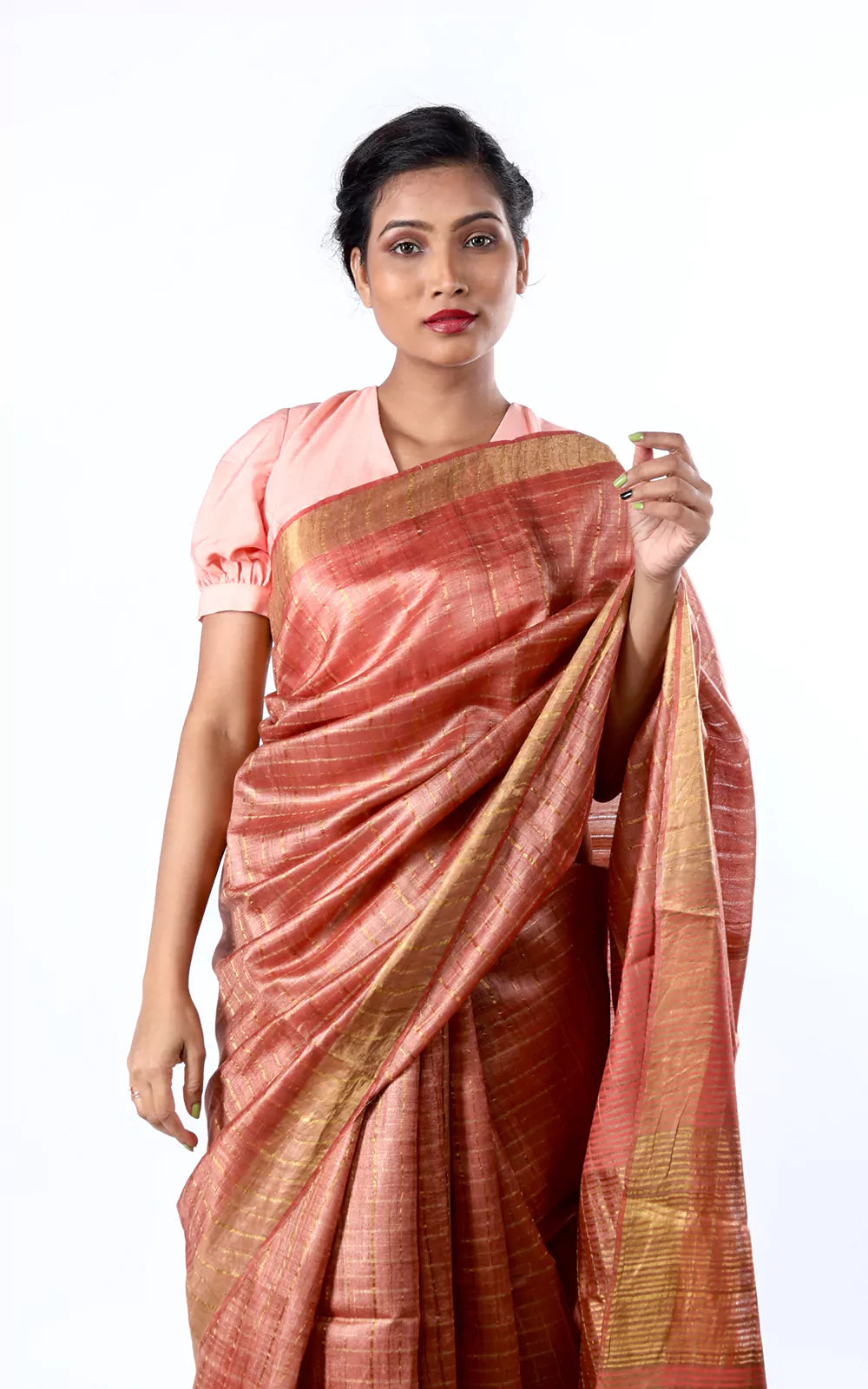 Handloom Tussar Silk Saree With Zari Checks