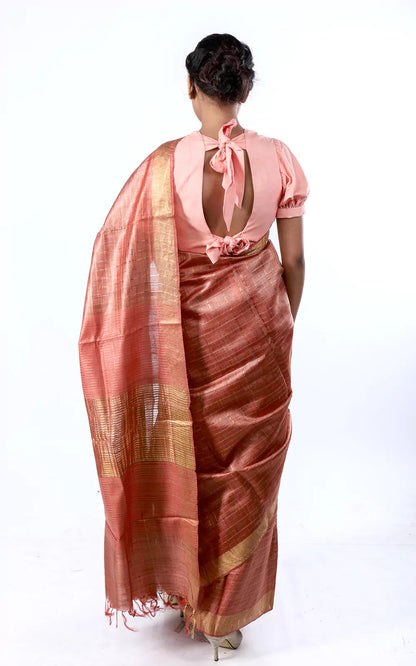 Handloom Tussar Silk Saree With Zari Checks