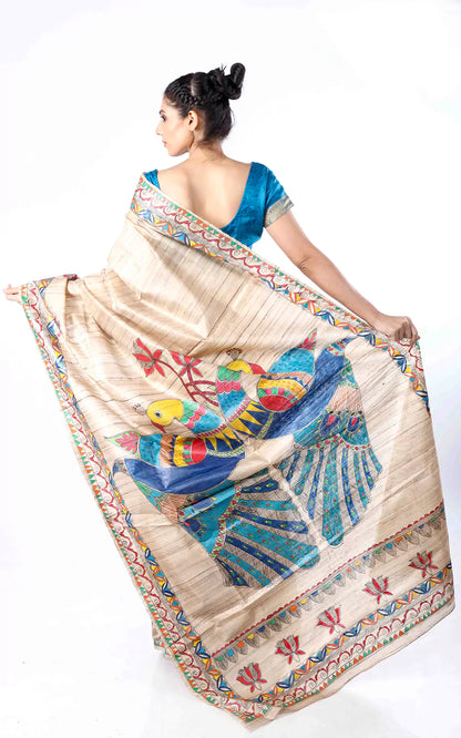 Handloom Tussar Silk Madhubani Hand Painted Saree