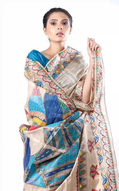 Handloom Tussar Silk Madhubani Hand Painted Saree