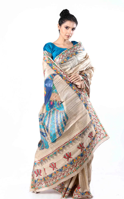 Handloom Tussar Silk Madhubani Hand Painted Saree