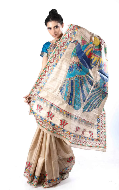 Handloom Tussar Silk Madhubani Hand Painted Saree