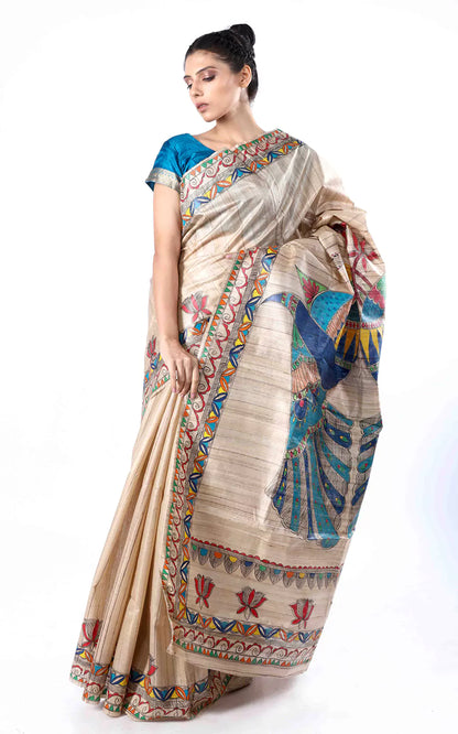 Handloom Tussar Silk Madhubani Hand Painted Saree