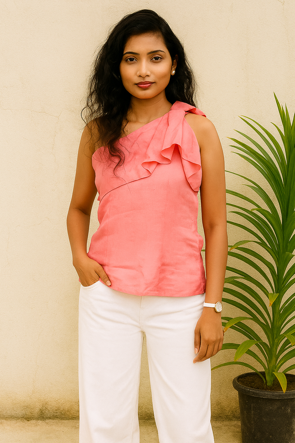Tussar Silk One-shoulder Bow Top
