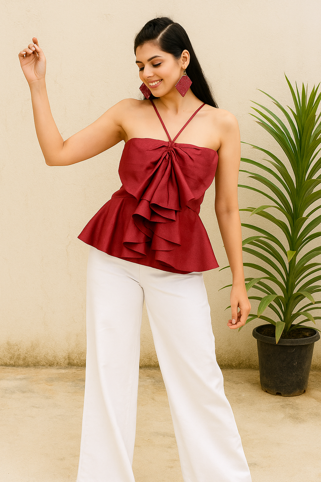 Tussar Silk Bow Cascade Strappy Top