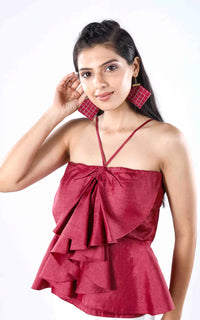 Thumbnail for Tussar Silk Bow Cascade Strappy Top