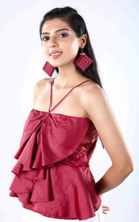 Thumbnail for Tussar Silk Bow Cascade Strappy Top