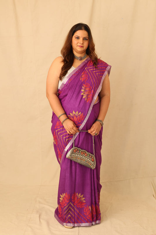 Elegant Purple Colorful Hand-Stencil Printed Pure Slub Cotton Saree