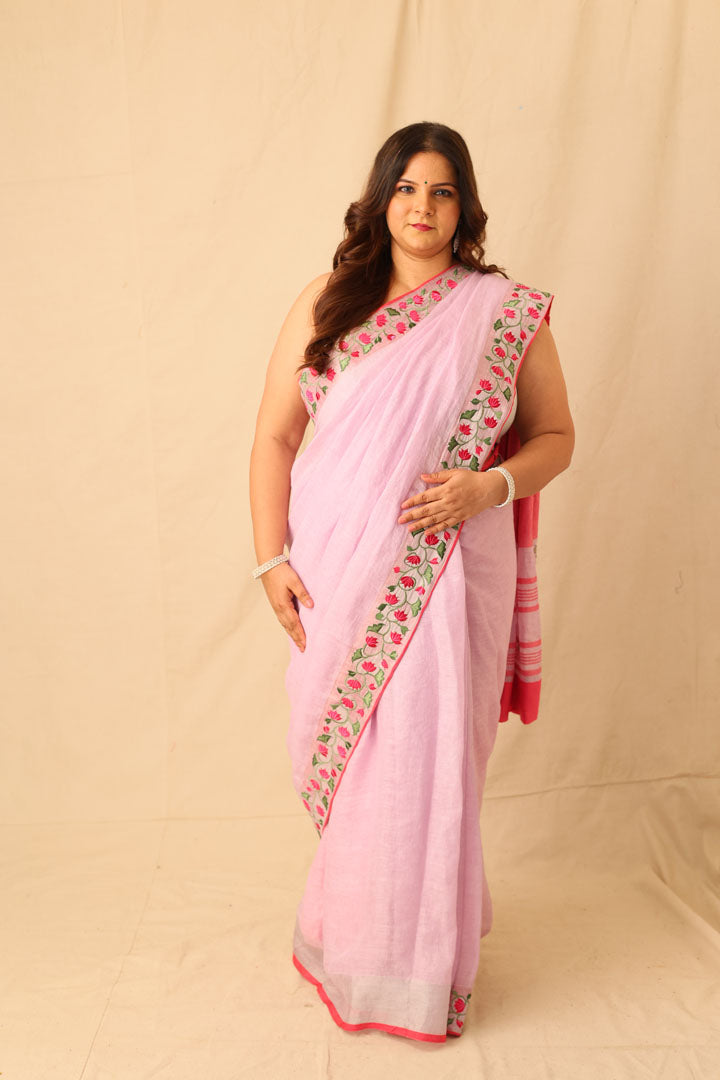 Embroidered Linen Saree with Floral Silver Zari Border