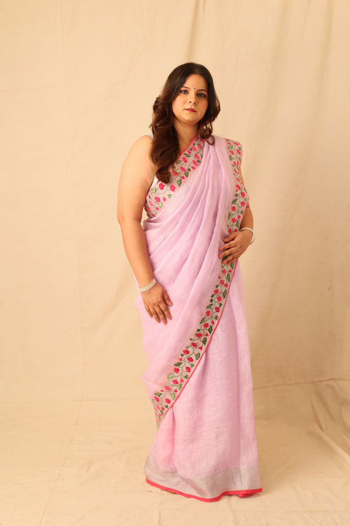 Embroidered Linen Saree with Floral Silver Zari Border