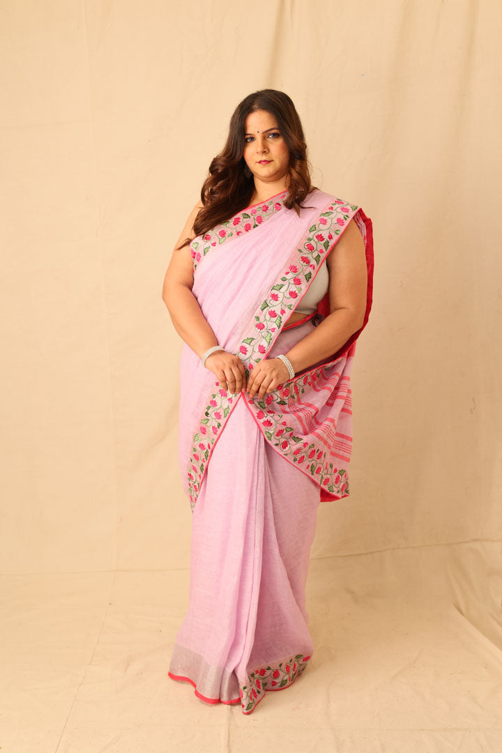 Embroidered Linen Saree with Floral Silver Zari Border