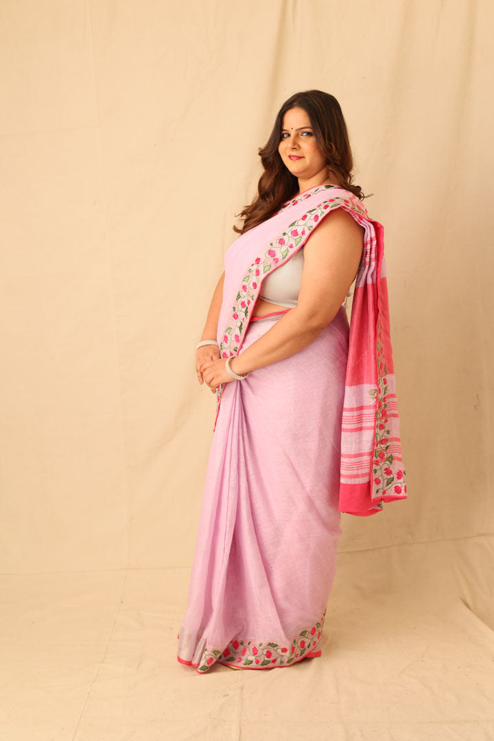 Embroidered Linen Saree with Floral Silver Zari Border