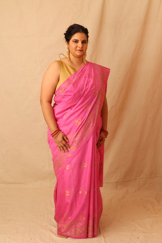 Fresh and Festive Lilac Semi Silk Saree with Delicate Lotus Border Print