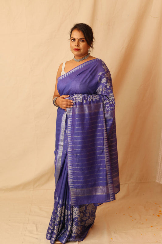 Gorgeous Silver Lotus Hand-Stencil Printed  Blue Semi-Silk Saree