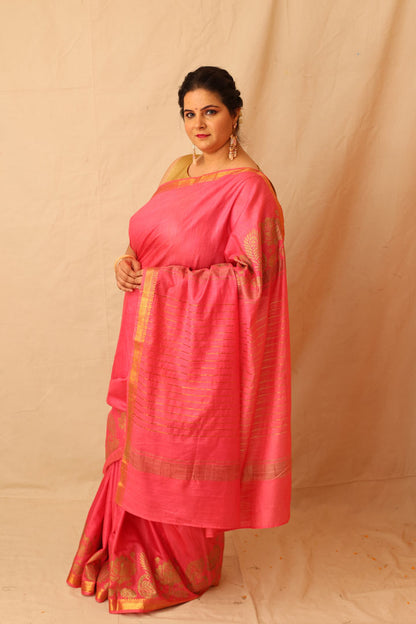 Mesmerizing Pink Semi-Silk Saree with Gold Lotus & Peacock Border Print