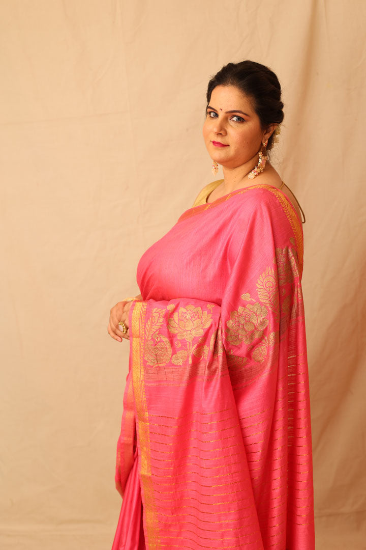 Mesmerizing Pink Semi-Silk Saree with Gold Lotus & Peacock Border Print