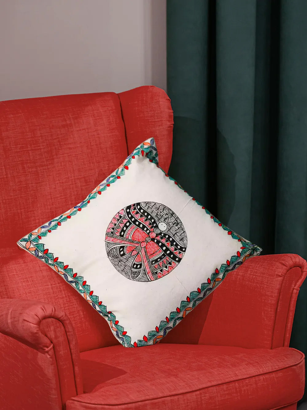 Hand Painted Red & Black Design Madhubani Cushion Cover Pack Of 5