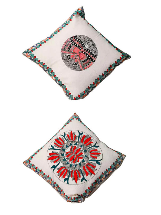 Hand Painted Butterfly & Lotus Design Madhubani Cushion Cover Pack Of 2