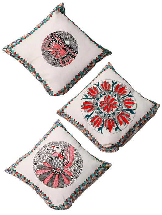 Hand Painted Beautiful Design Madhubani Cushion Cover Pack Of 3