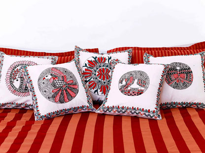 Hand Painted Red & Black Design Madhubani Cushion Cover Pack Of 5