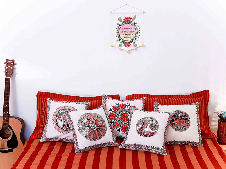 Hand Painted Red & Black Design Madhubani Cushion Cover Pack Of 5
