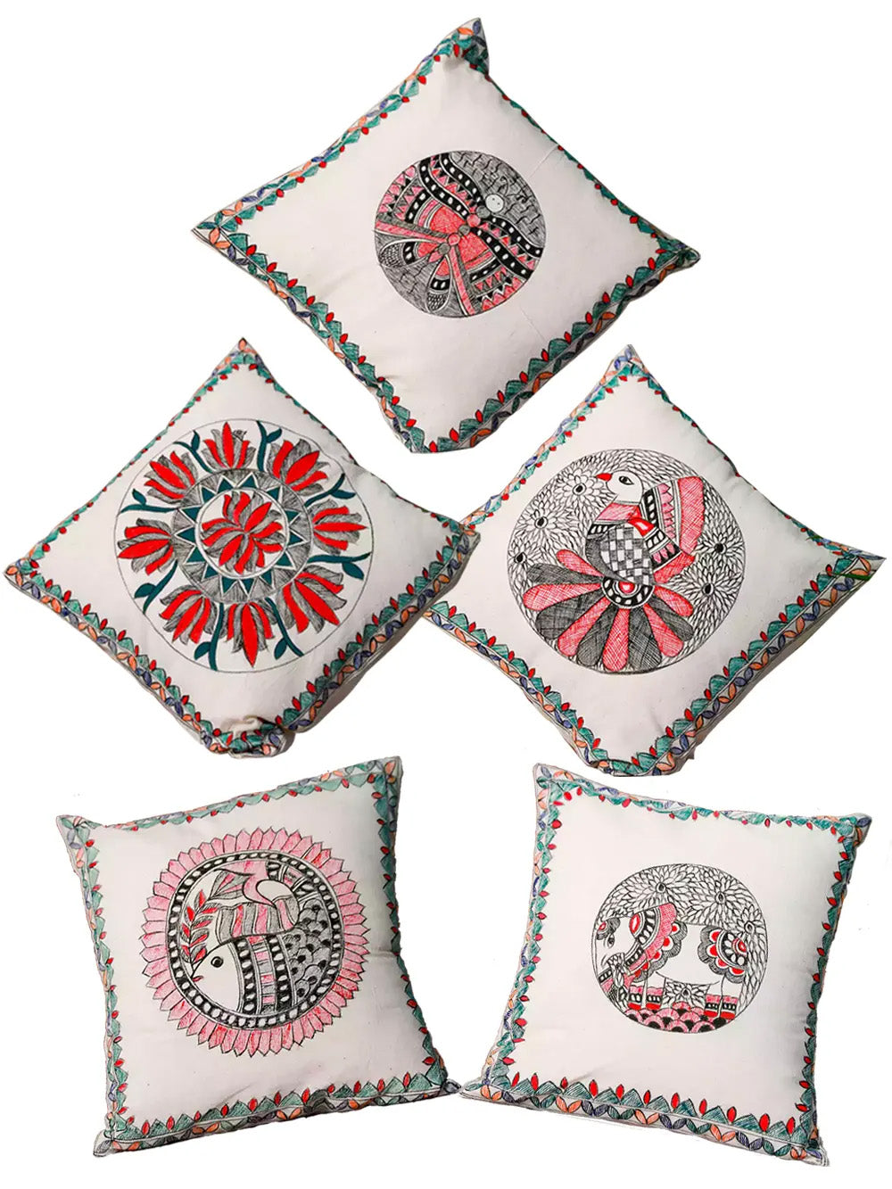 Hand Painted Red & Black Design Madhubani Cushion Cover Pack Of 5