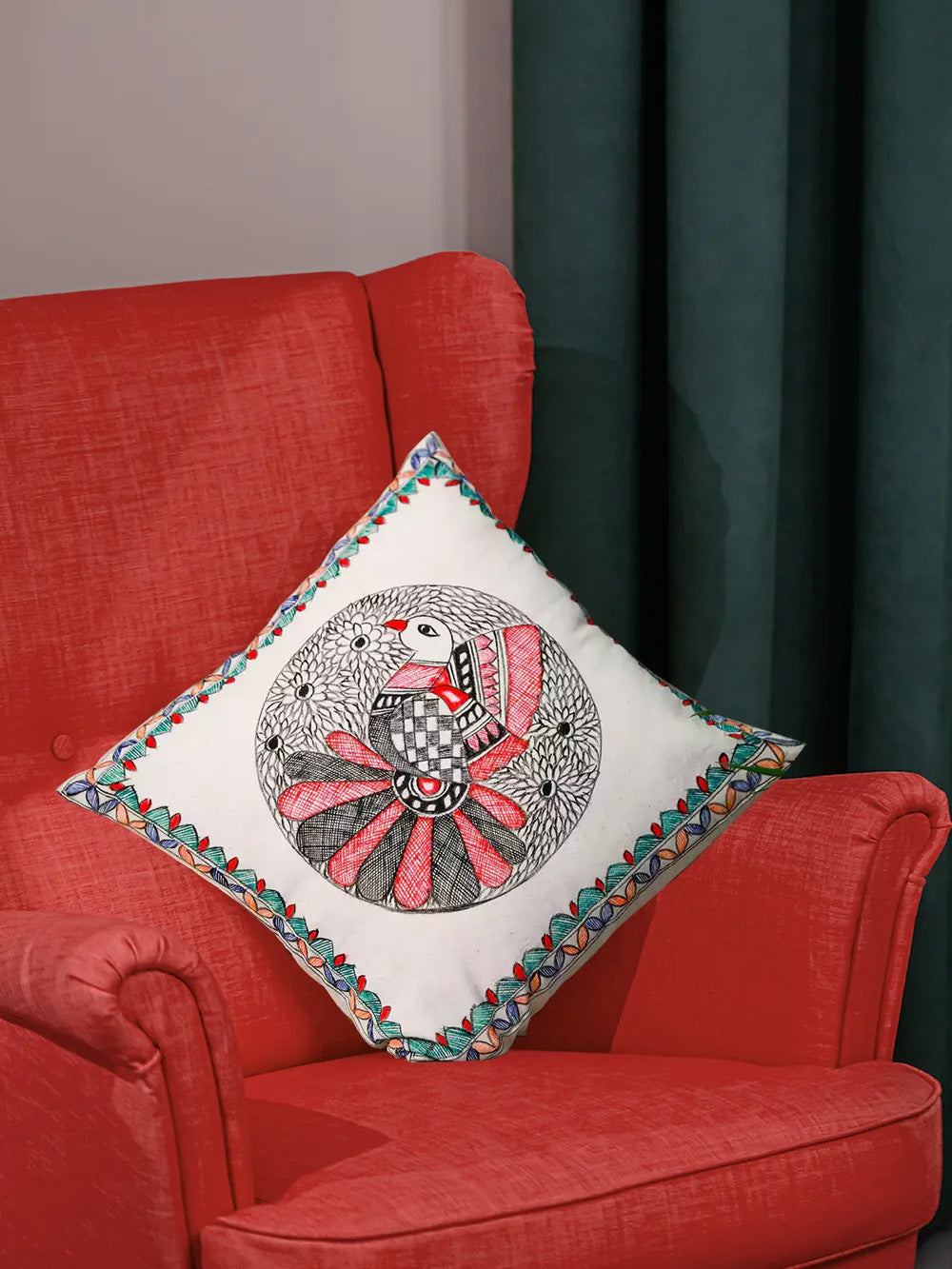 Hand Painted Red & Black Design Madhubani Cushion Cover Pack Of 5