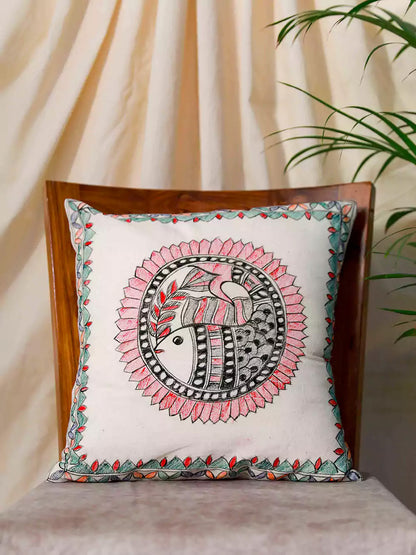 Hand Painted Fish Design Madhubani Cushion Cover