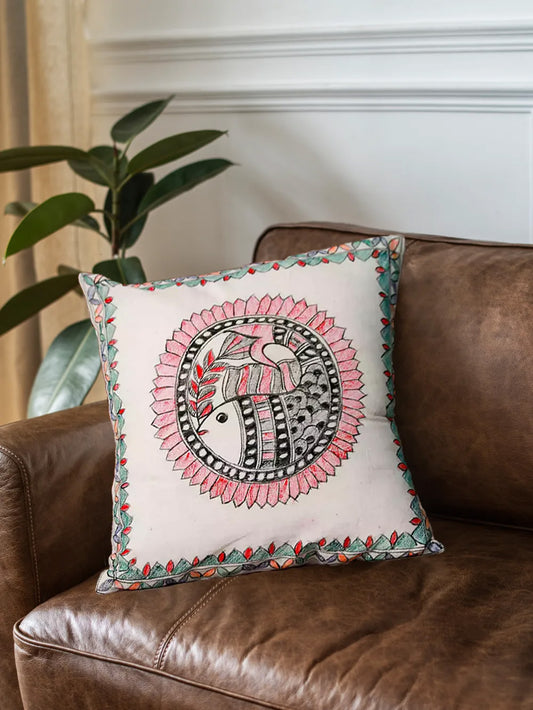 Hand Painted Fish Design Madhubani Cushion Cover