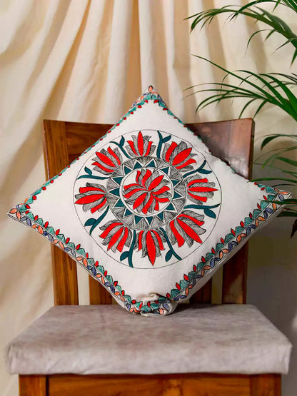 Hand Painted Lotus Design Madhubani Cushion Cover