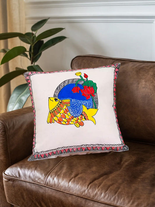 Colorful Fish & Lotus Motif Madhubani Art Cushion Cover