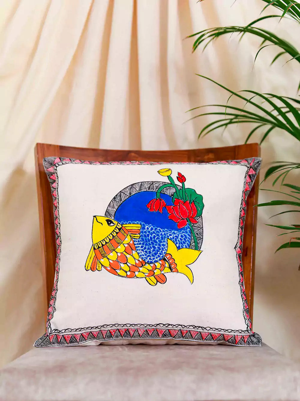 Colorful Fish & Lotus Motif Hand Painted Madhubani Art Cushion Cover Pack Of 5